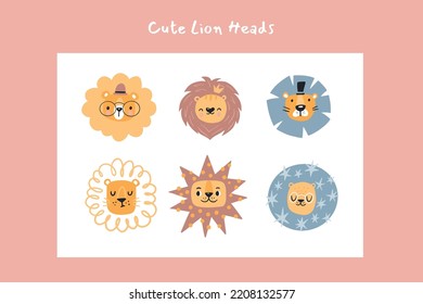 Cute lions with floral elements. Modern vector illustration. Jungle life clipart. Vector illustration. Funny doodle animals. 