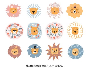Cute lions with floral. Modern vector illustration