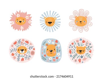 Cute lions with floral. Modern vector illustration
