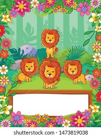 cute lions with flowers and wood blank sign in the forest. vector