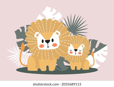 Cute lions in jungle. Small animal with mother. Beautiful poster for printing on paper and fabric. Print for children T shirts. Cartoon modern flat vector illustration isolated on purple background