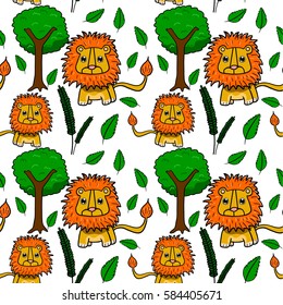 cute  lions seamless vector pattern with white background