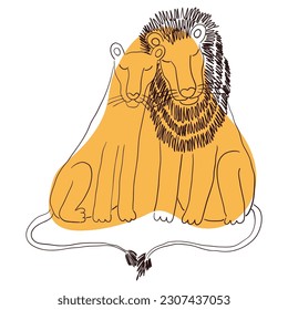 Cute lions together hand drawn cartoon character illustration, sketch. Line art, drawing style design, isolated vector. Tropical animal, jungle wildlife, big cats, safari, nature, print element