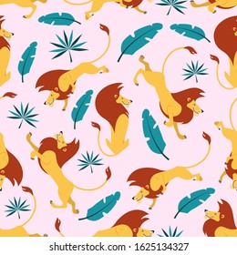 Cute lions and tropical leaves seamless pattern vector illustration. Lews with green tropic plants flat style endless texture for wrapping paper, wallpaper. Isolated on pink background