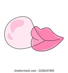 Cute lips blowing pink bubble gum. Colorful vector sticker isolated on white background.