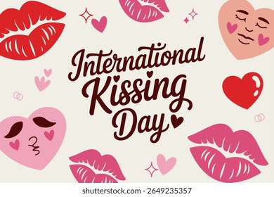 Padrão bonito de beijo de batom com corações e rostos cor-de-rosa para dia internacional beijando amor inspirado vetor print