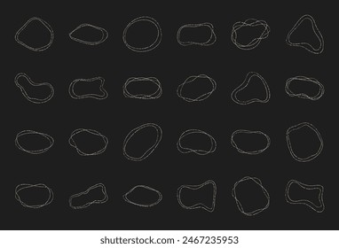 Colección de forma de círculo asimétrico líquido lindo, diseño de elemento redondo irregular moderno, arte de símbolo de marco de línea aleatoria boho de moda, gráfico de silueta abstracta doodle, conjunto de forma mínima orgánica plana,