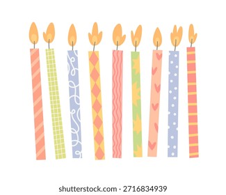 Cute lit candles. Vector illustrations in flat style. Birthday cake candles isolated on white background. Happy birthday! Template for Birthday greeting cards.
