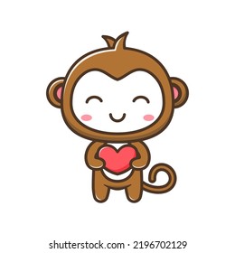 Cute litle monkey with heart cartoon illustration isolated suitable For sticker, crafting, scrapbooking, poster, packaging, children book cover