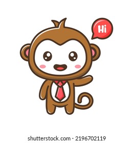 Cute litle monkey with tie and say hi cartoon illustration isolated suitable For sticker, crafting, scrapbooking, poster, packaging, children book cover