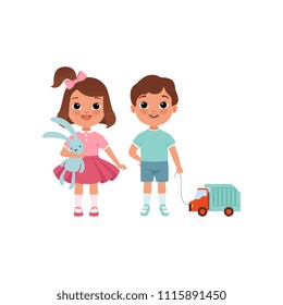 Cute litlle boy and girl characters with toys, stage of growing up concept vector Illustration on a white background
