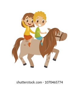 Cute litlle boy and girl riding a horse, equestrian sport concept cartoon vector Illustration on a white background