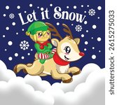 cute litte elf riding a reinder in the snow in christmas eve