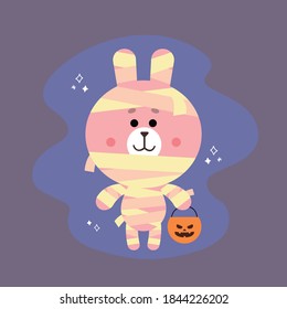 Cute litte halloween mummy bunny character trick or treating