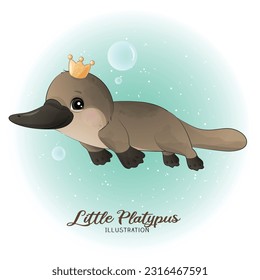 Cute Litter Platypus with watercolor illustration