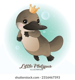 Cute Litter Platypus with watercolor illustration