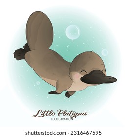 Cute Litter Platypus with watercolor illustration