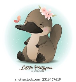 Cute Litter Platypus with watercolor illustration