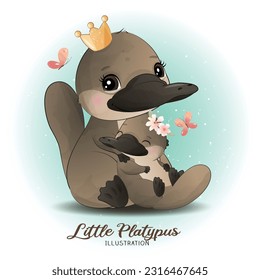 Cute Litter Platypus with watercolor illustration