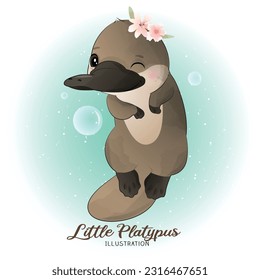 Cute Litter Platypus with watercolor illustration