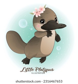 Cute Litter Platypus with watercolor illustration