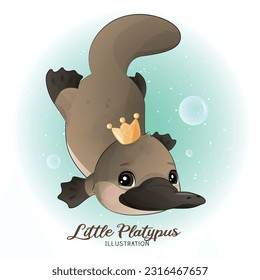 Cute Litter Platypus with watercolor illustration