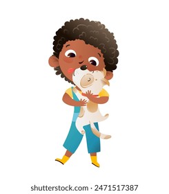 Cute little African Amerian girl holds and hugs her best friend dog, Multinational children characters illustration with pets, kids and puppies. Vector hand drawn cartoon in watercolor style.