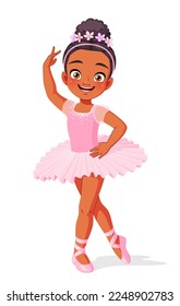 Pequeña bailarina afroamericana de traje rosado. Ilustración vectorial de dibujos animados aislada en fondo blanco.