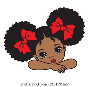Cute little African American black girl with afro puff hair vector illustration.