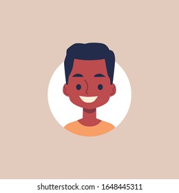 Cute little african american boy cartoon avatar face - character head on circle, flat vector illustration isolated on background. Funny young black skin male portrait.