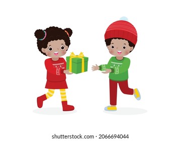 cute little African American boy give present to girl for christmas Cartoon characters flat design isolated on white background vector illustration