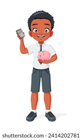 Cute little African American boy with piggy bank and calculator. Smart kid saving money for future. Cartoon vector illustration isolated on white background.