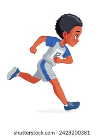 Lindo niño afroamericano corriendo maratón de atletismo. Ilustración de vector de dibujos animados aislado sobre fondo blanco.