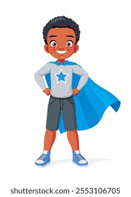 Cute little African American boy pretending to be a superhero with a cape. Cartoon style vector illustration isolated on white background.