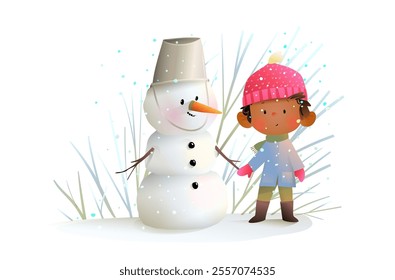 Cute little African American boy building snowman wearing winter clothes for Christmas. Happy child boy and snowman play outside in winter. Vector childhood character design illustration for kids.