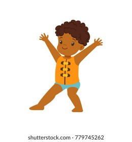 Cute little african american boy wearing life safety jacket, kid playing at the beach, happy infants outdoor activity on summer vacations vector Illustration