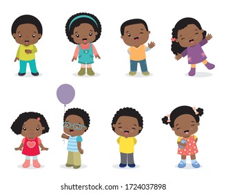 Cute Little African American Children in Colorful Clothes Posing Kawaii Style Simple Vector Illustration Set Isolated on White set 01