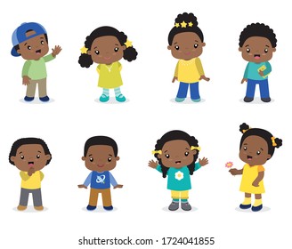 Cute Little African American Children in Colorful Clothes Happy Standing Poses Vector Illustration Clip Art Collection Set Isolated on White set 2