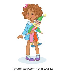 Cute little African American girl with a favorite toy clown. In cartoon style. Isolated on white background. Vector illustration.
