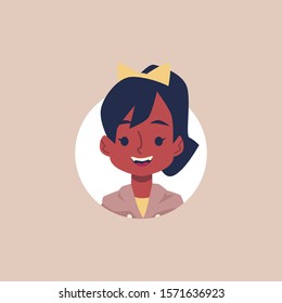 Cute little african american girl school age avatar face - cartoon character face on circle, flat vector illustration isolated on background. Female black skin portrait.