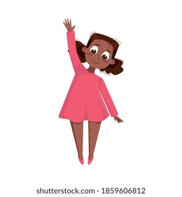 Cute Little African American Girl in Pink Dress Having Fun Outdoors Cartoon Style Vector Illustration