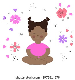 Cute little African American girl Meditating in a Sitting Yoga Pose. Concept vector illustration