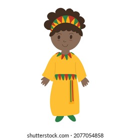 Cute little African American girl in traditional African costume in yellow, red and green colors. Character vector clip art for Kwanzaa, Black History month, Juneteenth design.