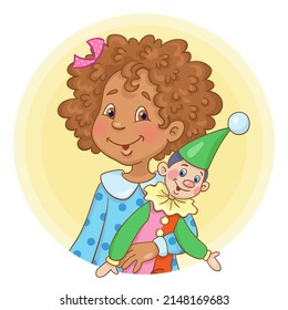 Cute little African American girl with a favorite toy clown. Avatar icon in cartoon style. Isolated on white background. Vector illustration