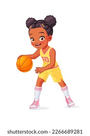 Cute little African American girl playing basketball. Sports kid. Cartoon vector illustration isolated on white background.