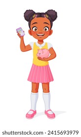 Cute little African American girl with piggy bank and calculator. Smart kid saving money for future. Cartoon vector illustration isolated on white background.