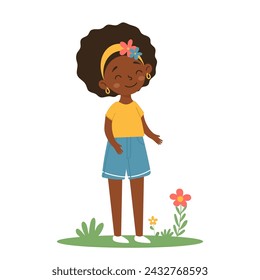 Cute little African American girl with flowers in her hair. Vector illustration