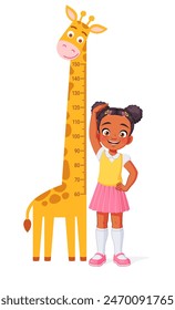 Cute little African American girl measuring her height with a giraffe on the background wall. Cartoon style vector illustration isolated on white background.