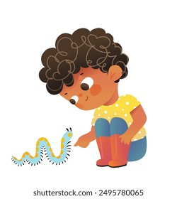 Cute little African American girl play with caterpillar pet. Kindergarten black girl and a her pet, character illustration. Kids vector graphic illustration for children, hand drawn cartoon.