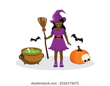 Cute little african american girl in witch costume with broom and hat vector illustration. Halloween black girl witch with cauldron, pumpkin, skull icon. Girl in a witch hat and a pot of green potion